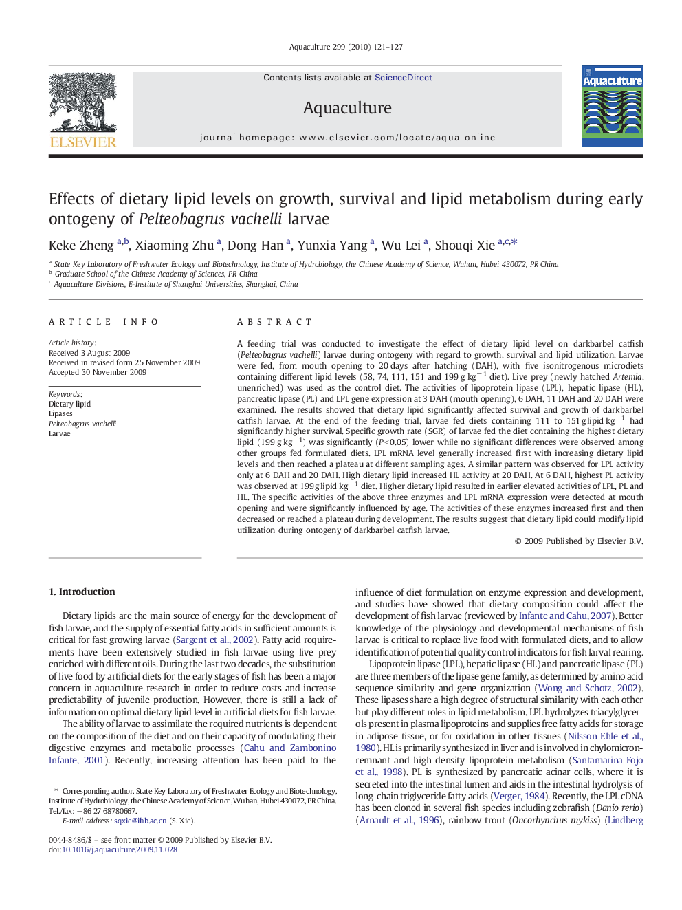 Effects of dietary lipid levels on growth, survival and lipid metabolism during early ontogeny of Pelteobagrus vachelli larvae