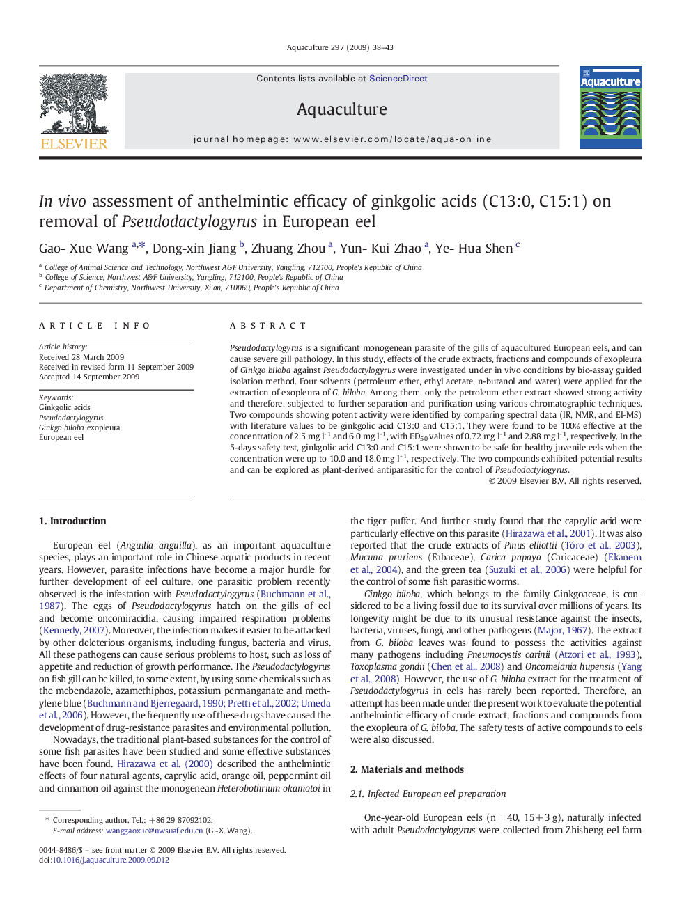 In vivo assessment of anthelmintic efficacy of ginkgolic acids (C13:0, C15:1) on removal of Pseudodactylogyrus in European eel