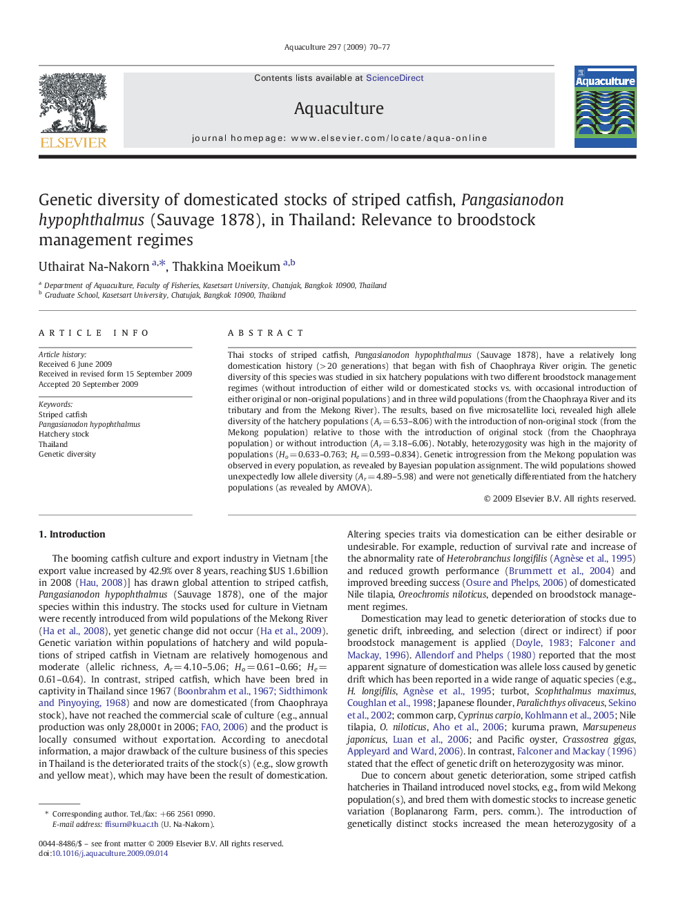 Genetic diversity of domesticated stocks of striped catfish, Pangasianodon hypophthalmus (Sauvage 1878), in Thailand: Relevance to broodstock management regimes