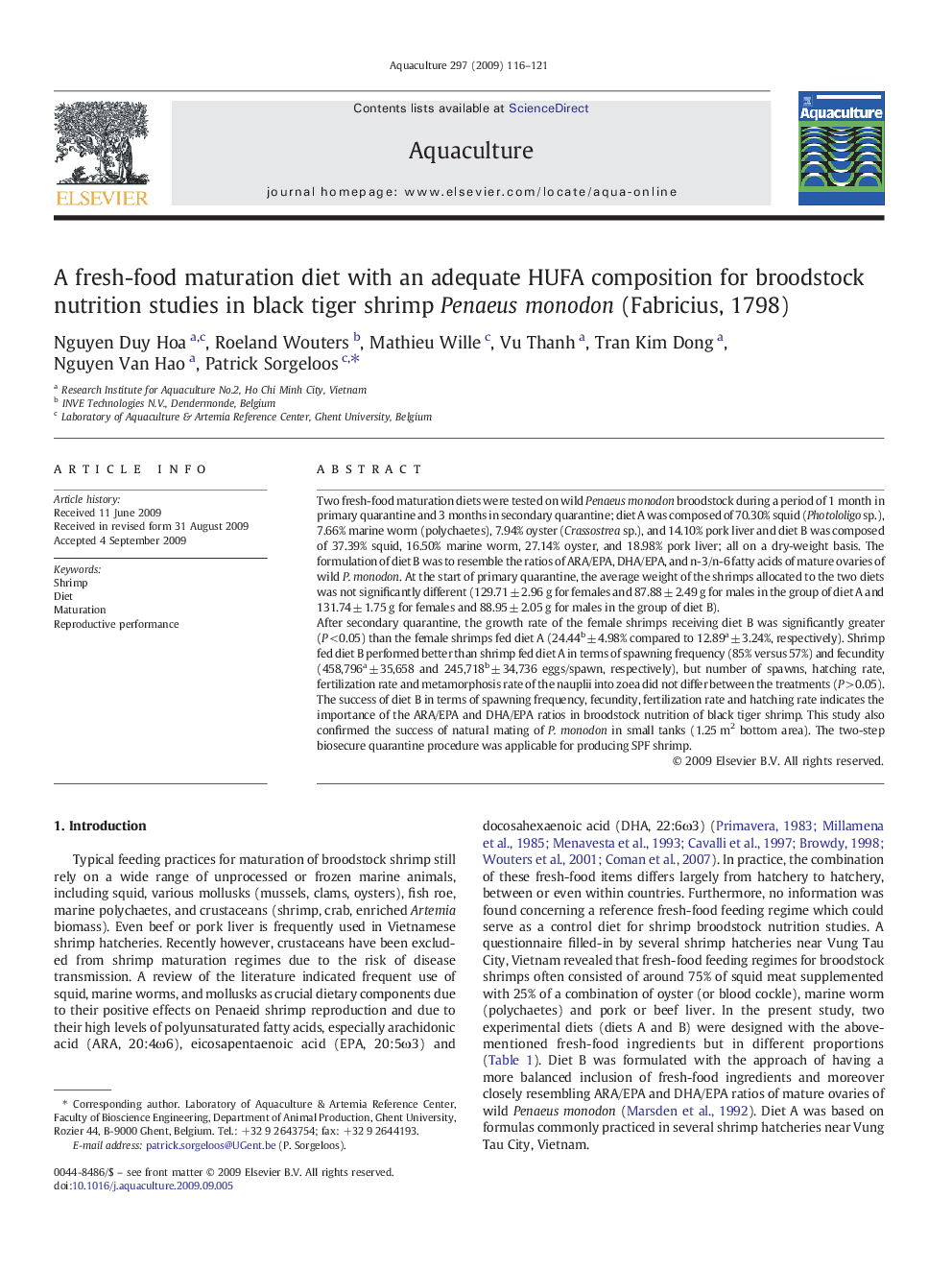 A fresh-food maturation diet with an adequate HUFA composition for broodstock nutrition studies in black tiger shrimp Penaeus monodon (Fabricius, 1798)