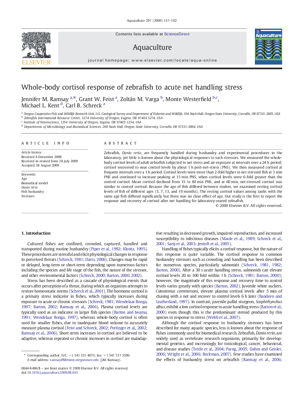 Whole-body cortisol response of zebrafish to acute net handling stress