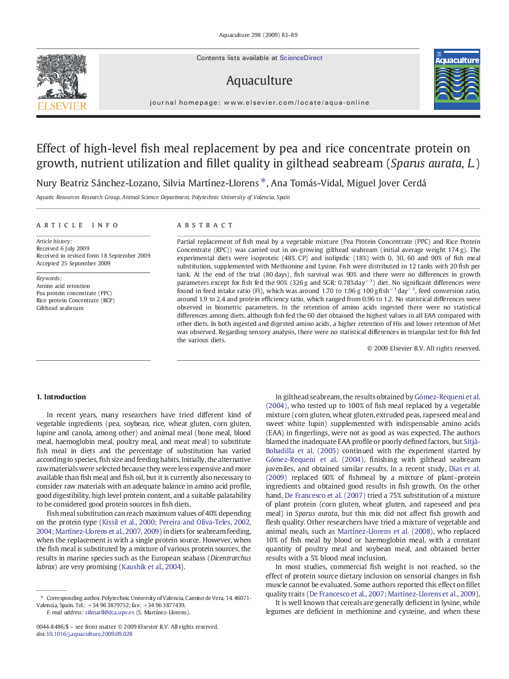 Effect of high-level fish meal replacement by pea and rice concentrate protein on growth, nutrient utilization and fillet quality in gilthead seabream (Sparus aurata, L.)