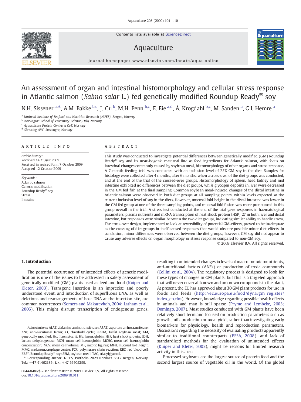 An assessment of organ and intestinal histomorphology and cellular stress response in Atlantic salmon (Salmo salar L.) fed genetically modified Roundup Ready® soy