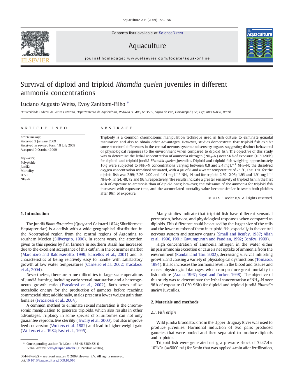 Survival of diploid and triploid Rhamdia quelen juveniles in different ammonia concentrations