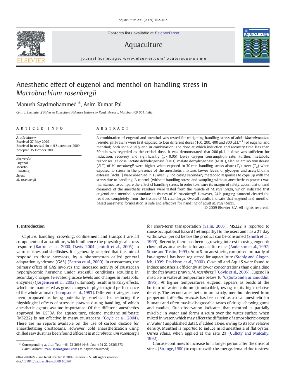 Anesthetic effect of eugenol and menthol on handling stress in Macrobrachium rosenbergii