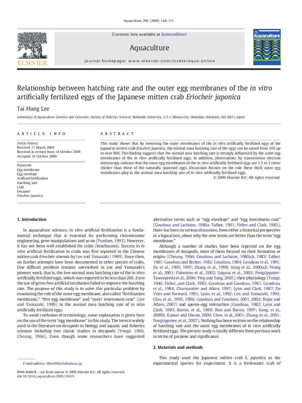 Relationship between hatching rate and the outer egg membranes of the in vitro artificially fertilized eggs of the Japanese mitten crab Eriocheir japonica