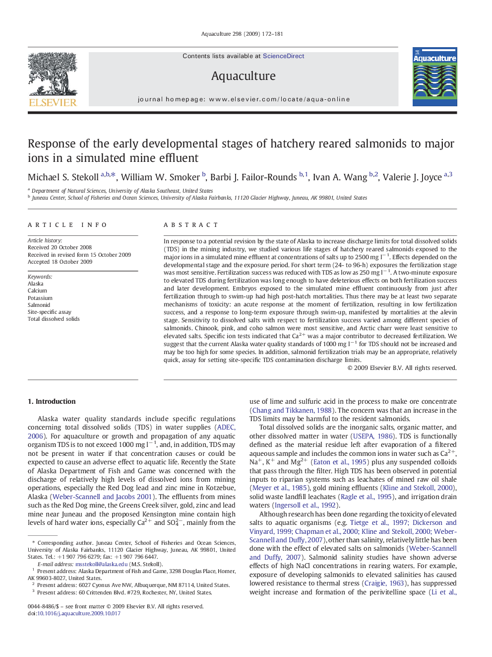 Response of the early developmental stages of hatchery reared salmonids to major ions in a simulated mine effluent