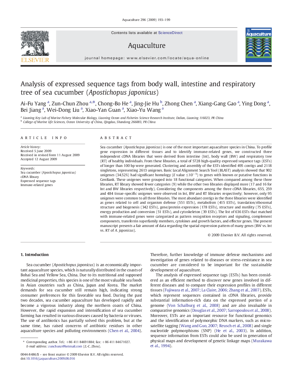 Analysis of expressed sequence tags from body wall, intestine and respiratory tree of sea cucumber (Apostichopus japonicus)