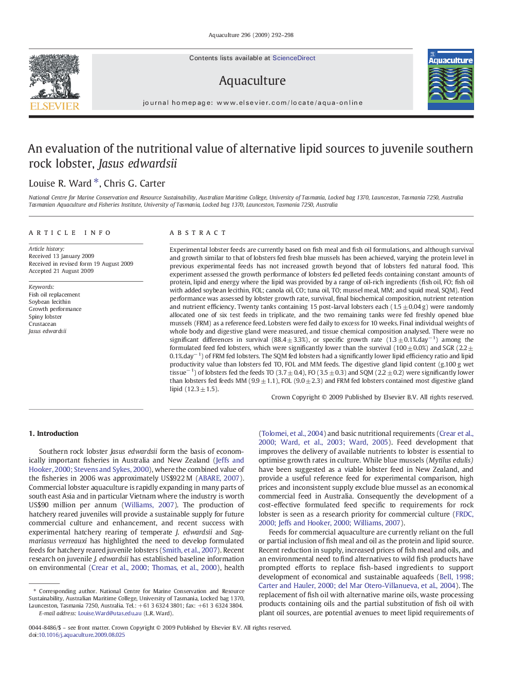 An evaluation of the nutritional value of alternative lipid sources to juvenile southern rock lobster, Jasus edwardsii