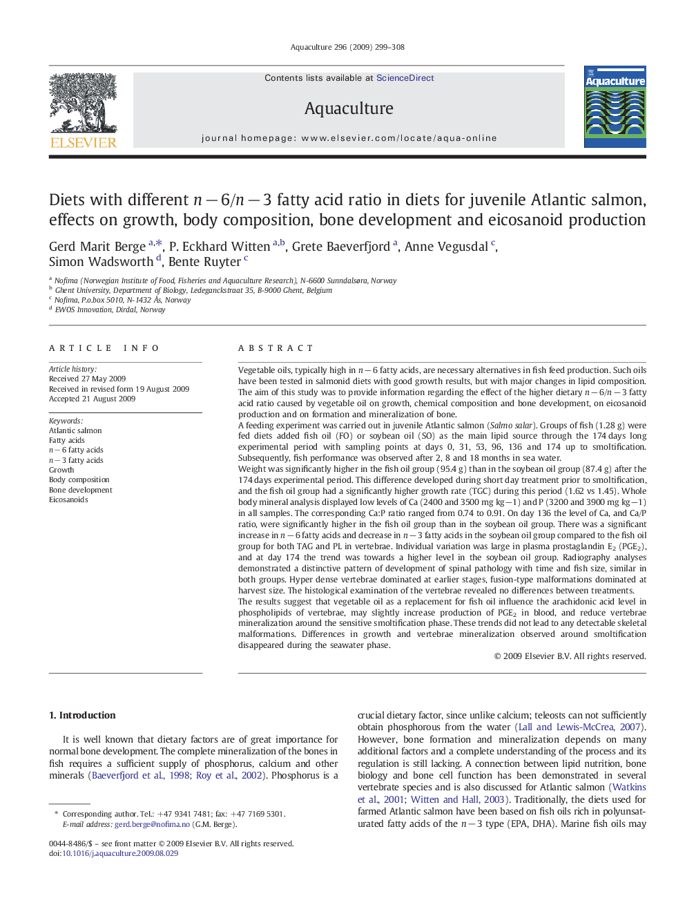 Diets with different n − 6/n − 3 fatty acid ratio in diets for juvenile Atlantic salmon, effects on growth, body composition, bone development and eicosanoid production