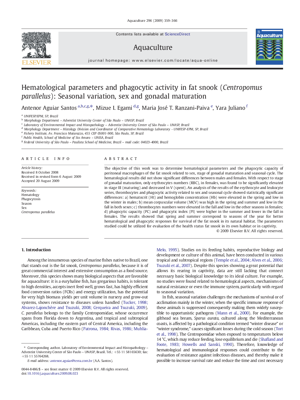 Hematological parameters and phagocytic activity in fat snook (Centropomus parallelus): Seasonal variation, sex and gonadal maturation