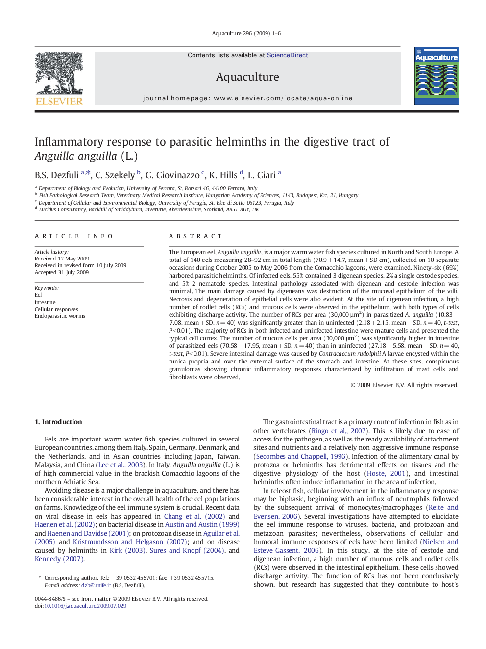 Inflammatory response to parasitic helminths in the digestive tract of Anguilla anguilla (L.)