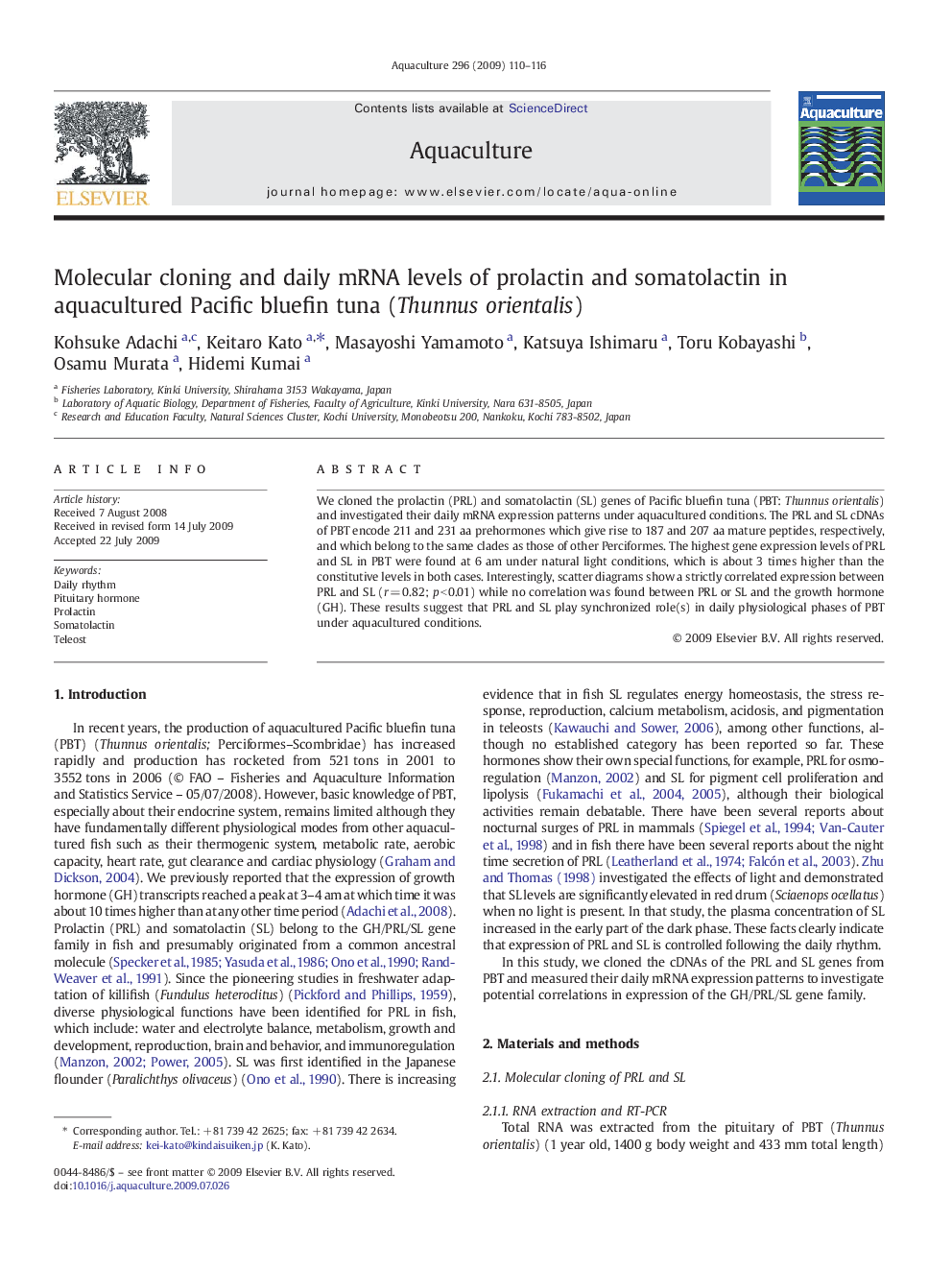 Molecular cloning and daily mRNA levels of prolactin and somatolactin in aquacultured Pacific bluefin tuna (Thunnus orientalis)