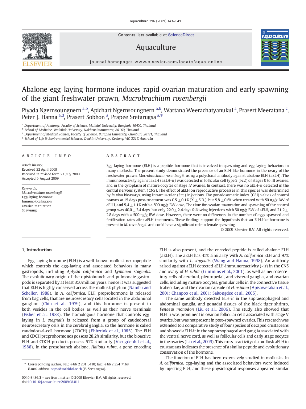 Abalone egg-laying hormone induces rapid ovarian maturation and early spawning of the giant freshwater prawn, Macrobrachium rosenbergii