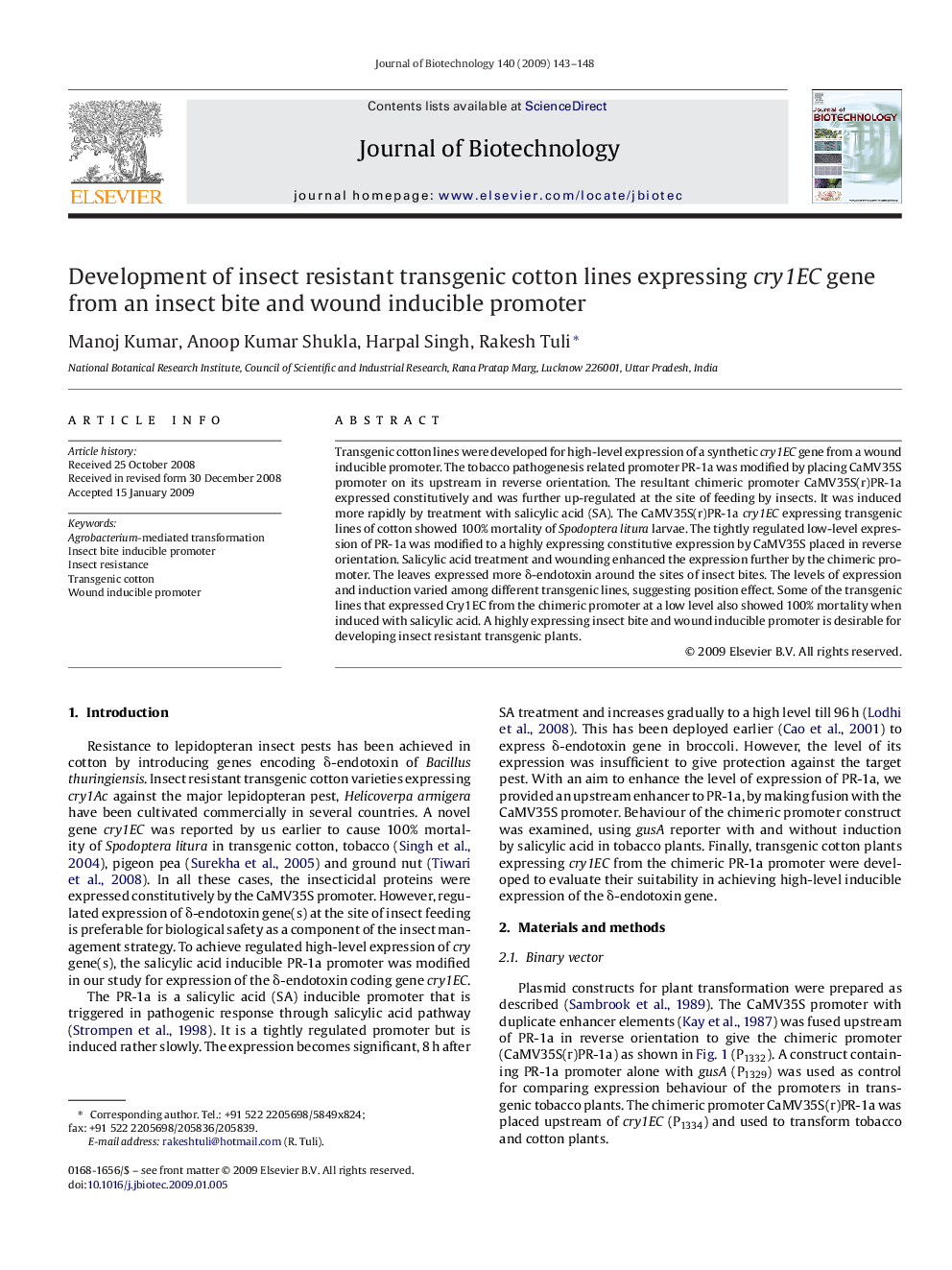 Development of insect resistant transgenic cotton lines expressing cry1EC gene from an insect bite and wound inducible promoter