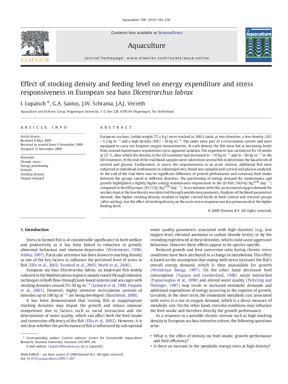 Effect of stocking density and feeding level on energy expenditure and stress responsiveness in European sea bass Dicentrarchus labrax