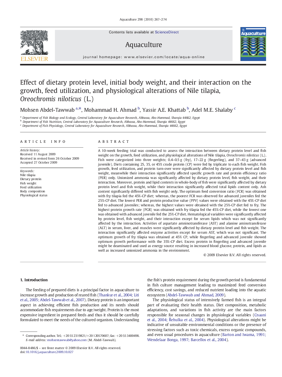 Effect of dietary protein level, initial body weight, and their interaction on the growth, feed utilization, and physiological alterations of Nile tilapia, Oreochromis niloticus (L.)