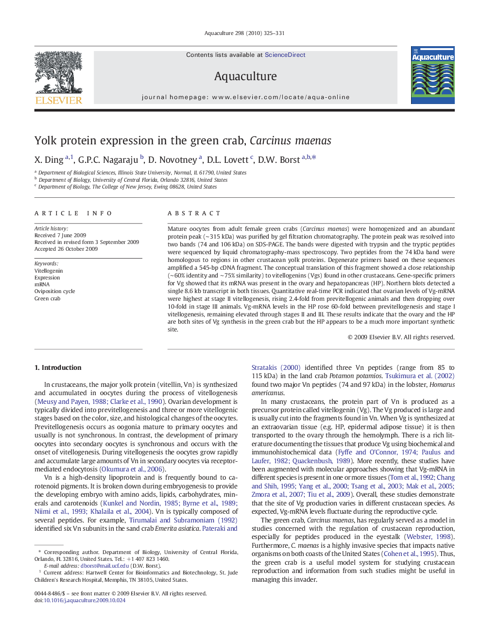 Yolk protein expression in the green crab, Carcinus maenas