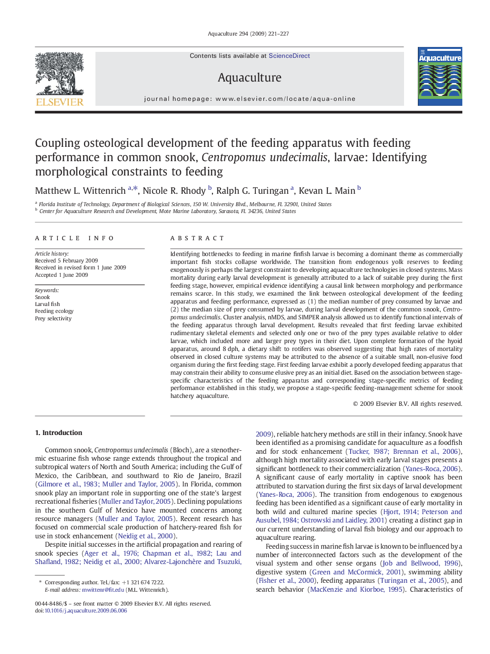 Coupling osteological development of the feeding apparatus with feeding performance in common snook, Centropomus undecimalis, larvae: Identifying morphological constraints to feeding