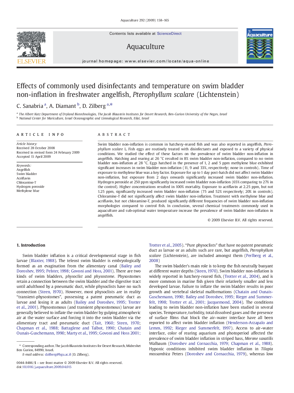 Effects of commonly used disinfectants and temperature on swim bladder non-inflation in freshwater angelfish, Pterophyllum scalare (Lichtenstein)