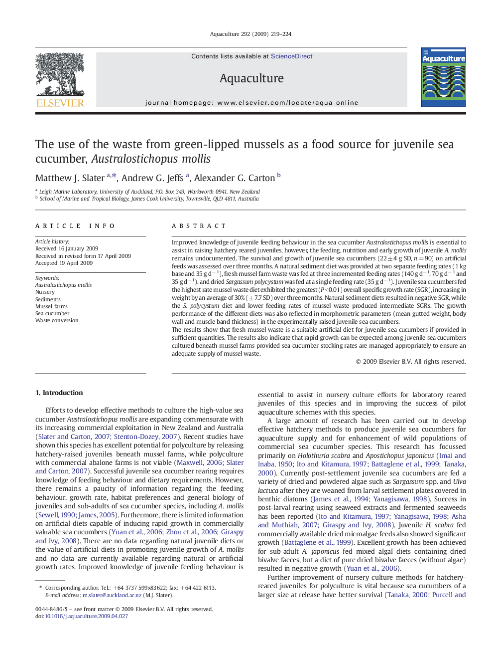 The use of the waste from green-lipped mussels as a food source for juvenile sea cucumber, Australostichopus mollis