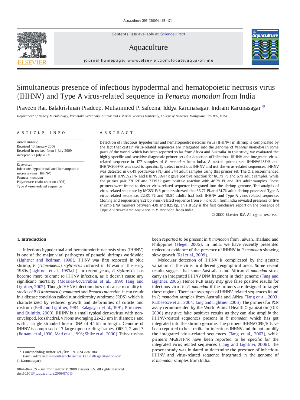 Simultaneous presence of infectious hypodermal and hematopoietic necrosis virus (IHHNV) and Type A virus-related sequence in Penaeus monodon from India