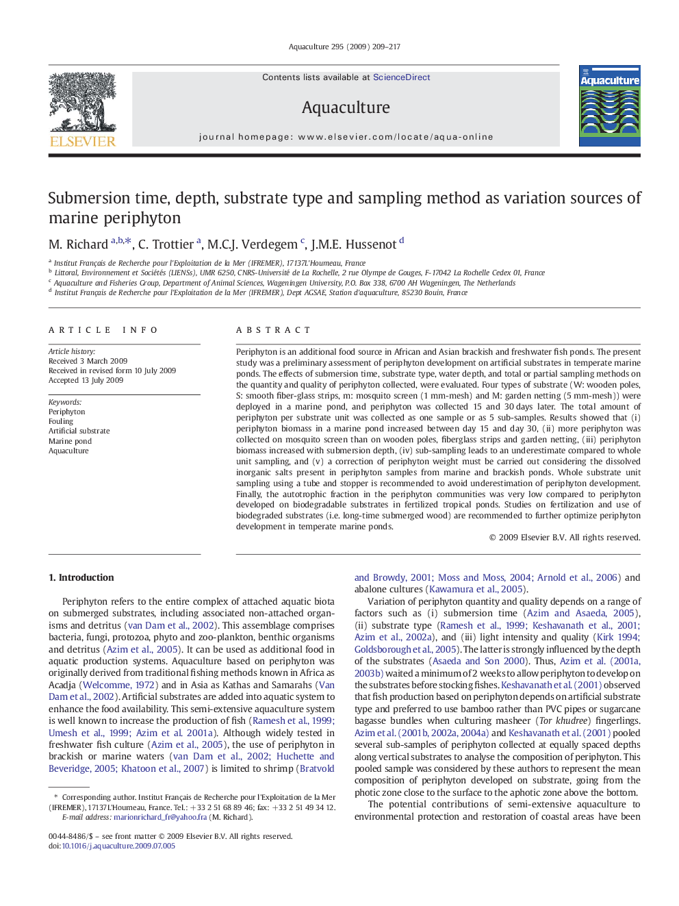 Submersion time, depth, substrate type and sampling method as variation sources of marine periphyton