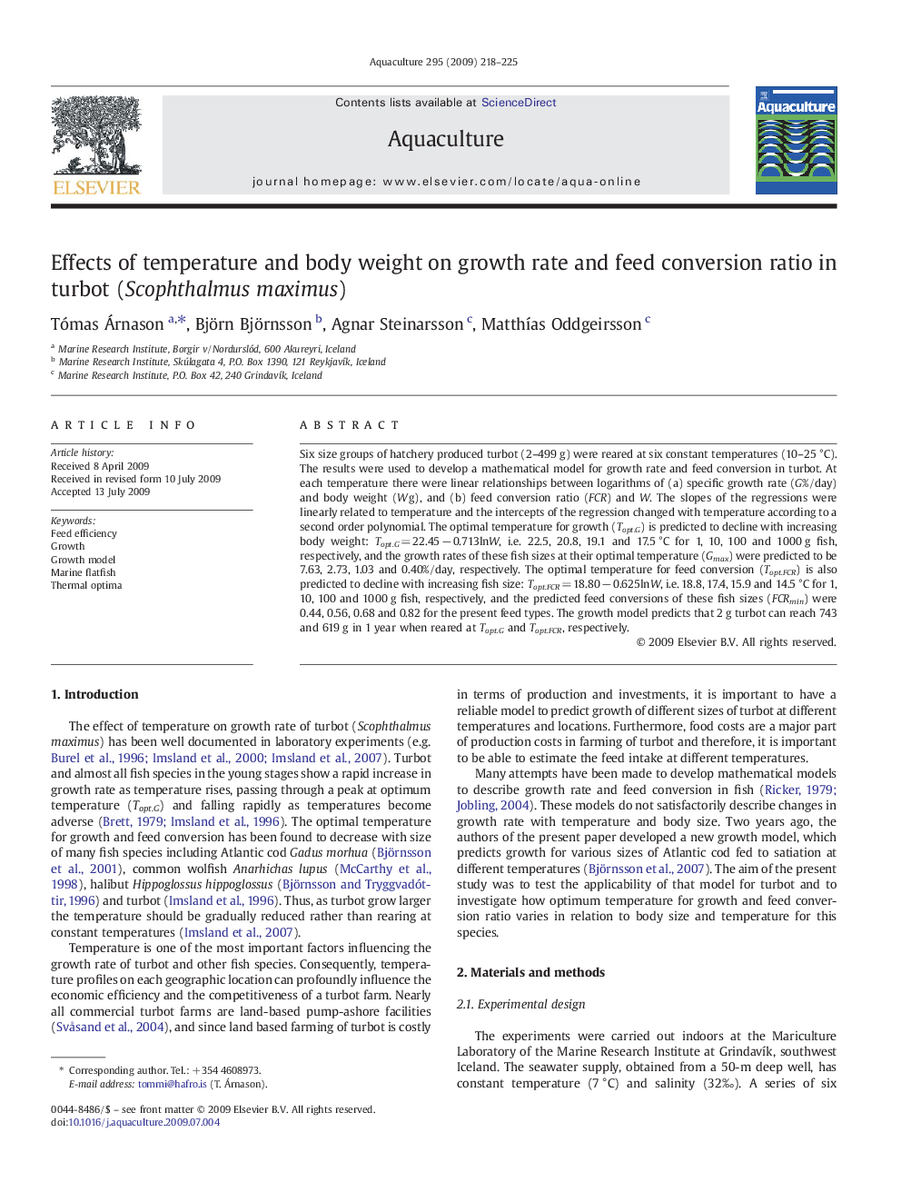 Effects of temperature and body weight on growth rate and feed conversion ratio in turbot (Scophthalmus maximus)