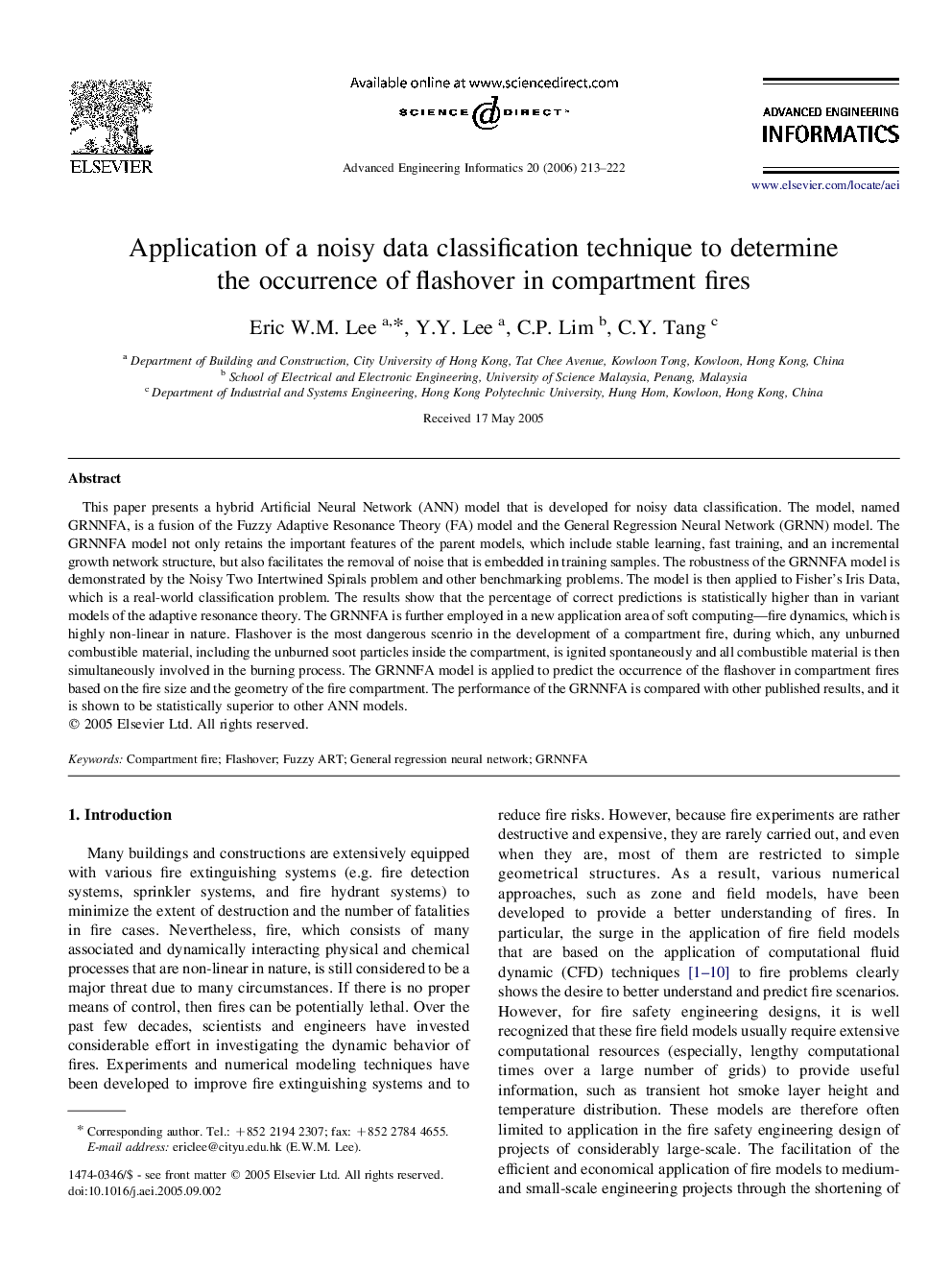 Application of a noisy data classification technique to determine the occurrence of flashover in compartment fires
