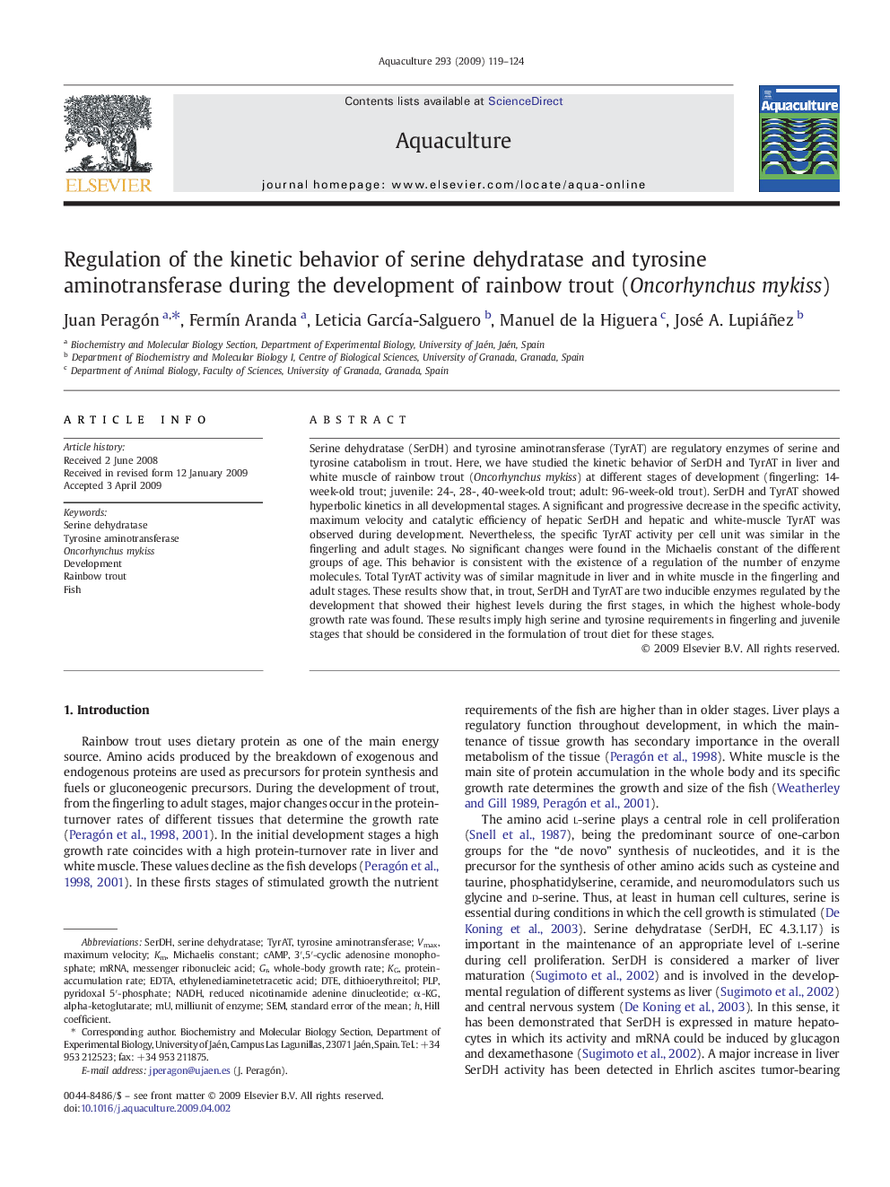 Regulation of the kinetic behavior of serine dehydratase and tyrosine aminotransferase during the development of rainbow trout (Oncorhynchus mykiss)