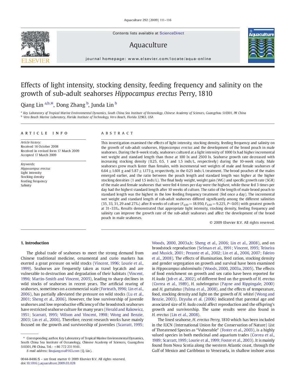 Effects of light intensity, stocking density, feeding frequency and salinity on the growth of sub-adult seahorses Hippocampus erectus Perry, 1810