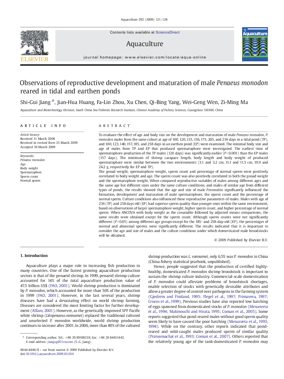 Observations of reproductive development and maturation of male Penaeus monodon reared in tidal and earthen ponds