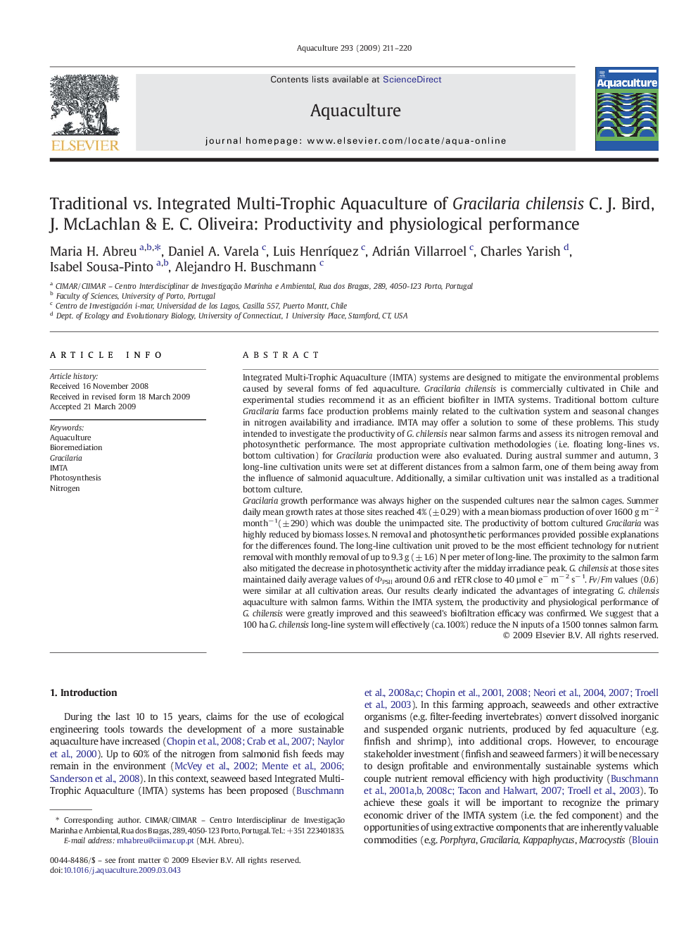 Traditional vs. Integrated Multi-Trophic Aquaculture of Gracilaria chilensis C. J. Bird, J. McLachlan & E. C. Oliveira: Productivity and physiological performance