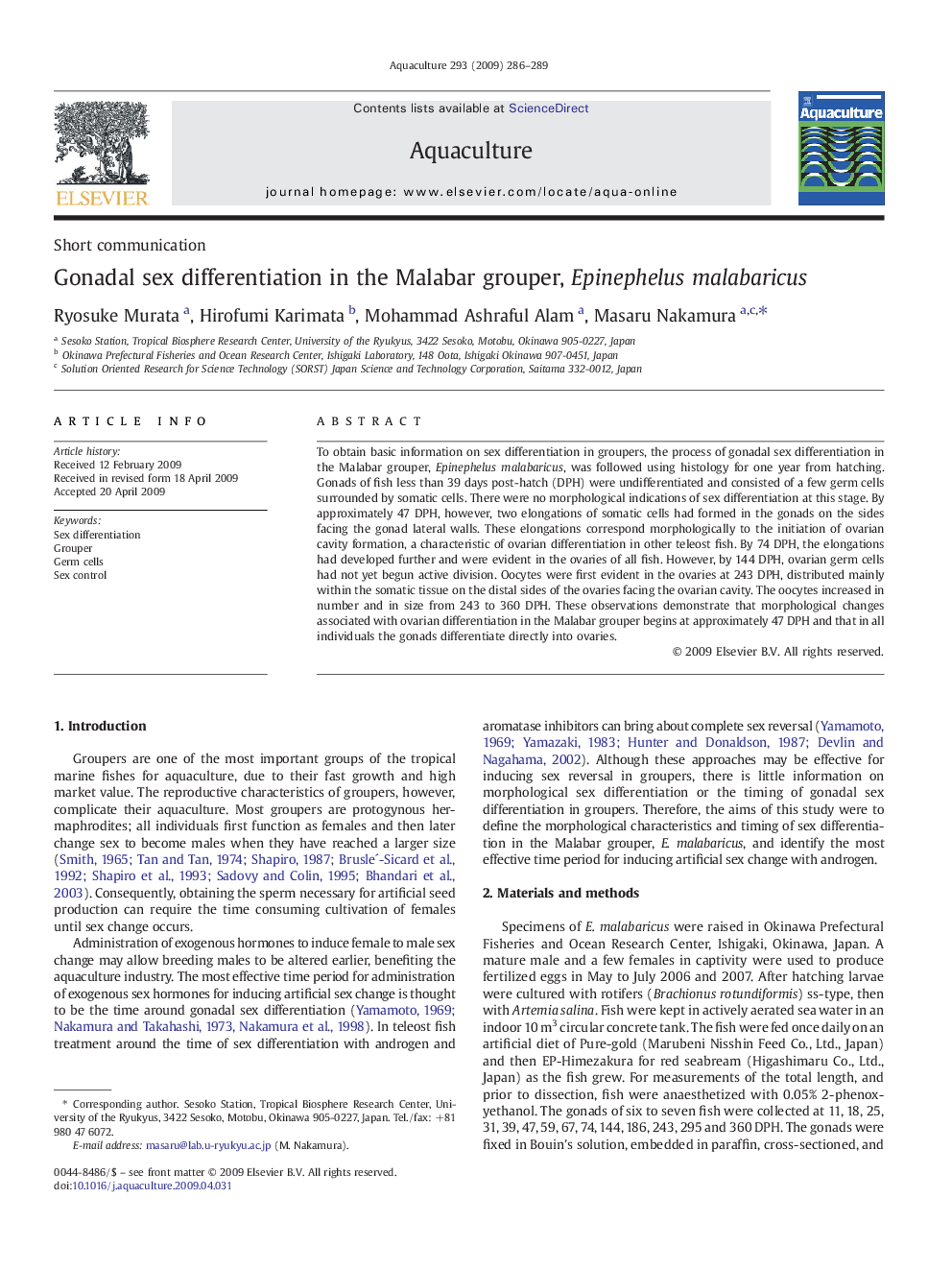 Gonadal sex differentiation in the Malabar grouper, Epinephelus malabaricus