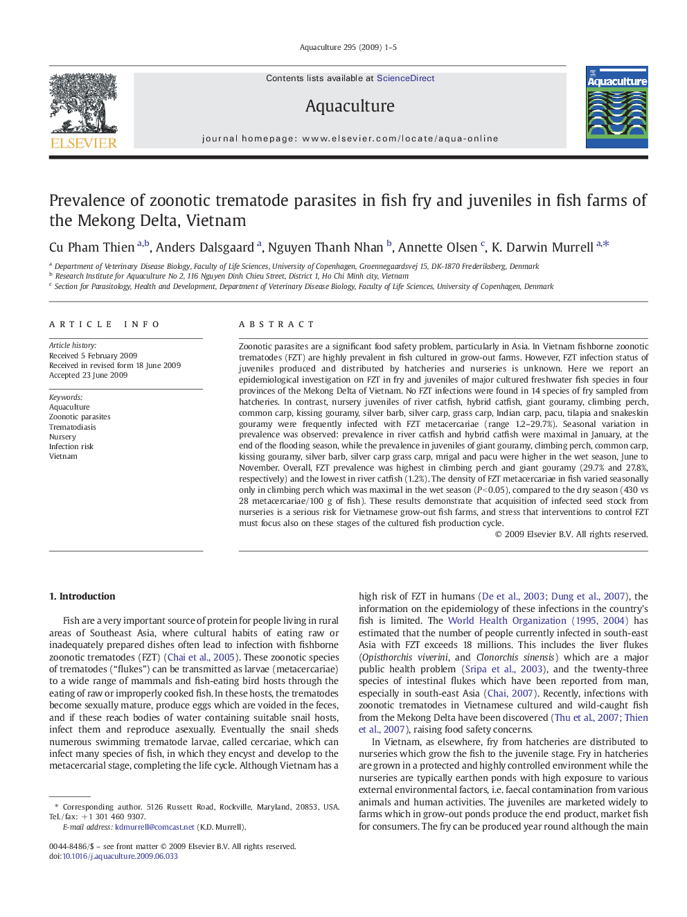 Prevalence of zoonotic trematode parasites in fish fry and juveniles in fish farms of the Mekong Delta, Vietnam