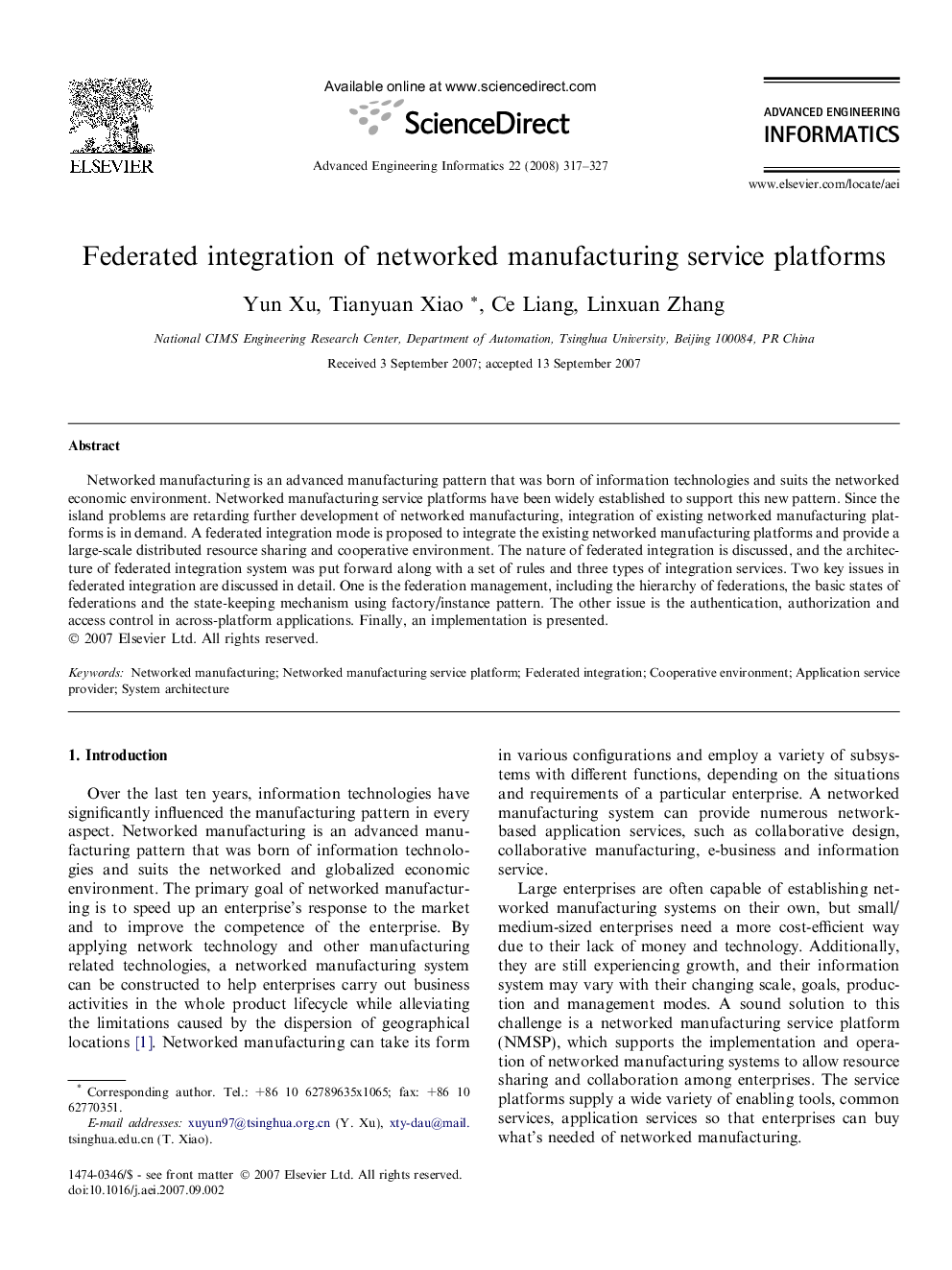 Federated integration of networked manufacturing service platforms