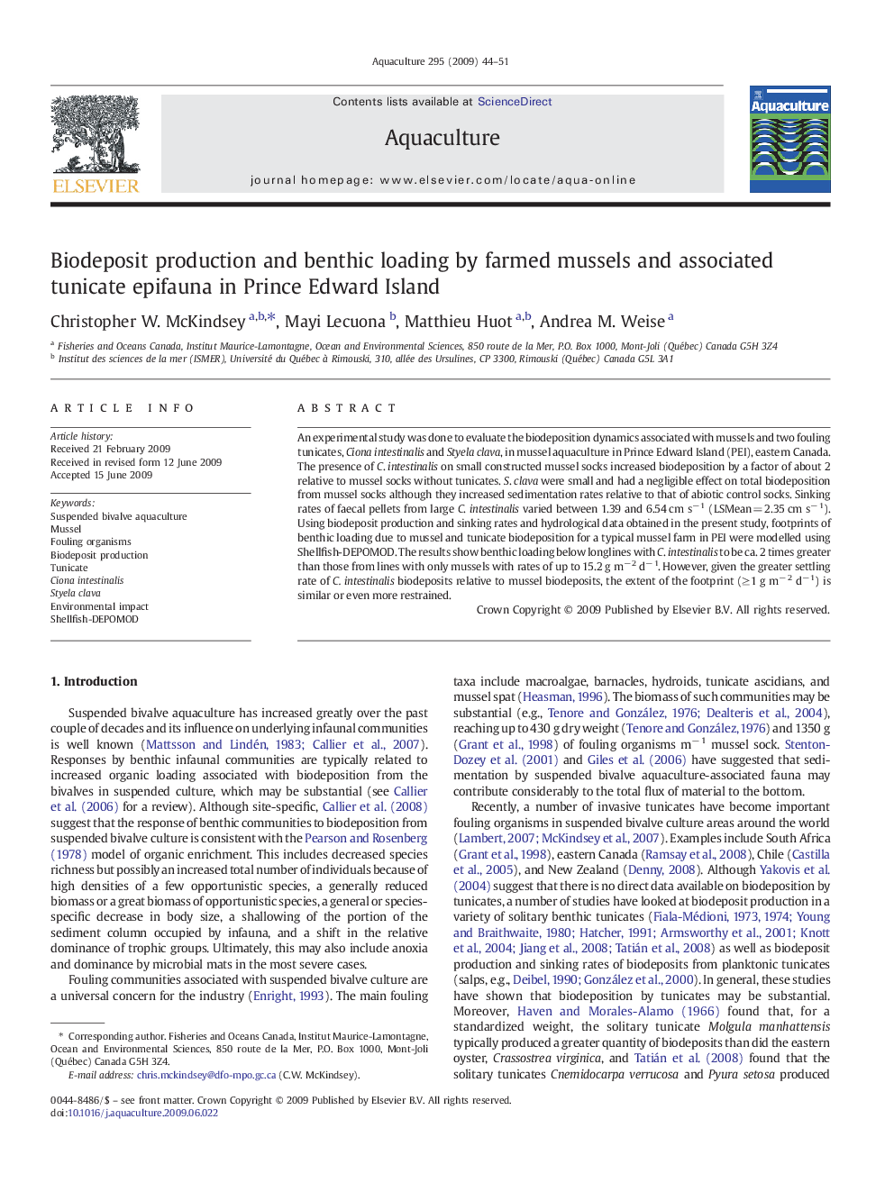 Biodeposit production and benthic loading by farmed mussels and associated tunicate epifauna in Prince Edward Island