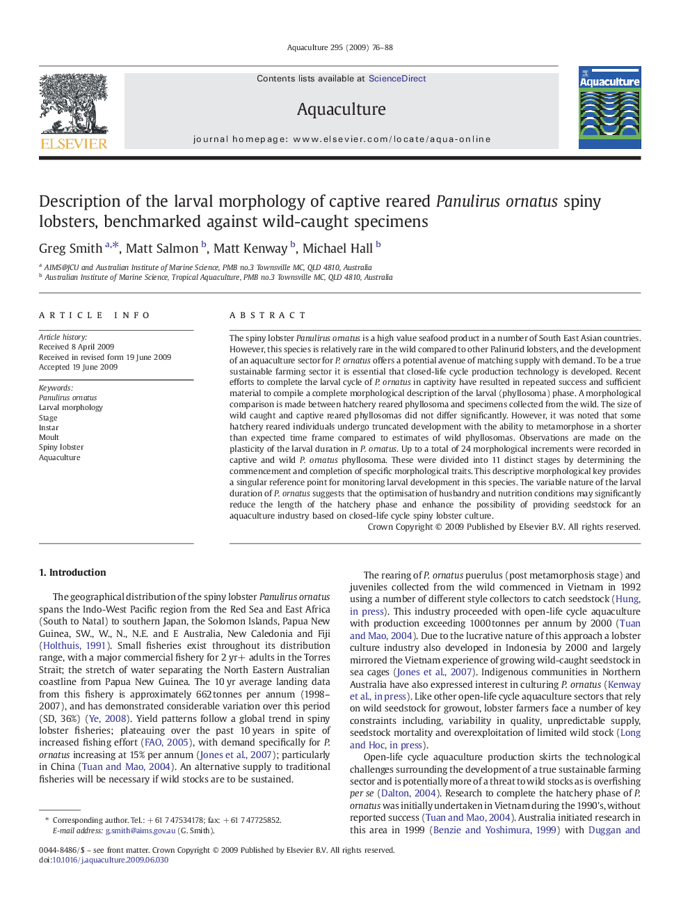 Description of the larval morphology of captive reared Panulirus ornatus spiny lobsters, benchmarked against wild-caught specimens