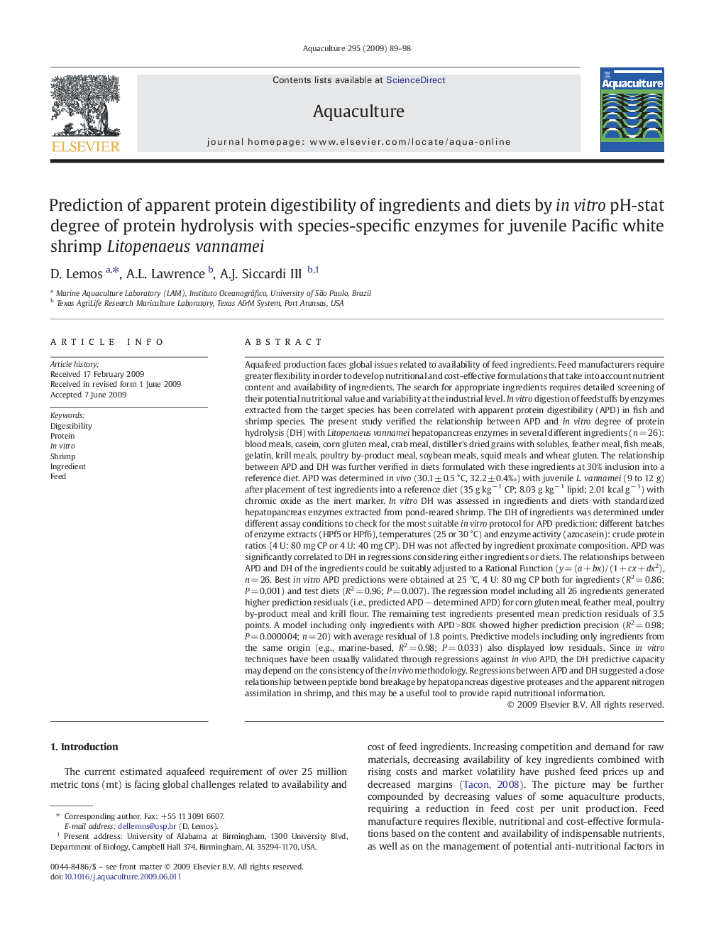 Prediction of apparent protein digestibility of ingredients and diets by in vitro pH-stat degree of protein hydrolysis with species-specific enzymes for juvenile Pacific white shrimp Litopenaeus vannamei