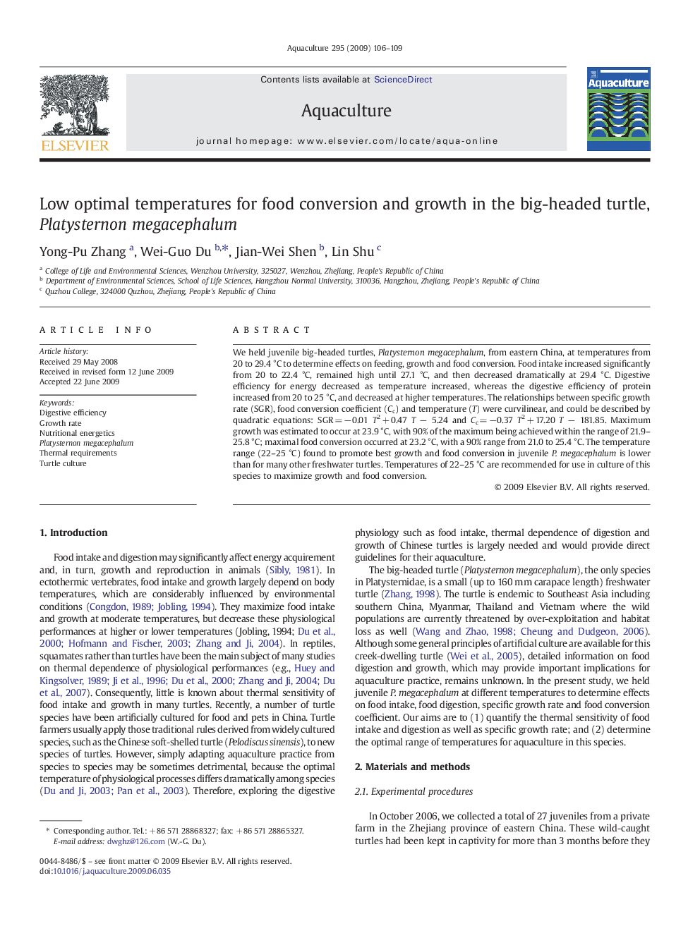 Low optimal temperatures for food conversion and growth in the big-headed turtle, Platysternon megacephalum