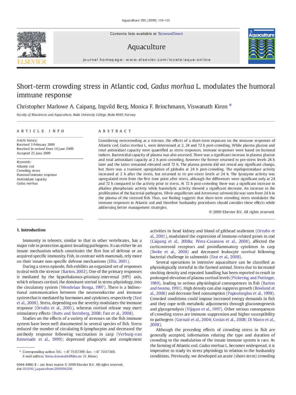 Short-term crowding stress in Atlantic cod, Gadus morhua L. modulates the humoral immune response