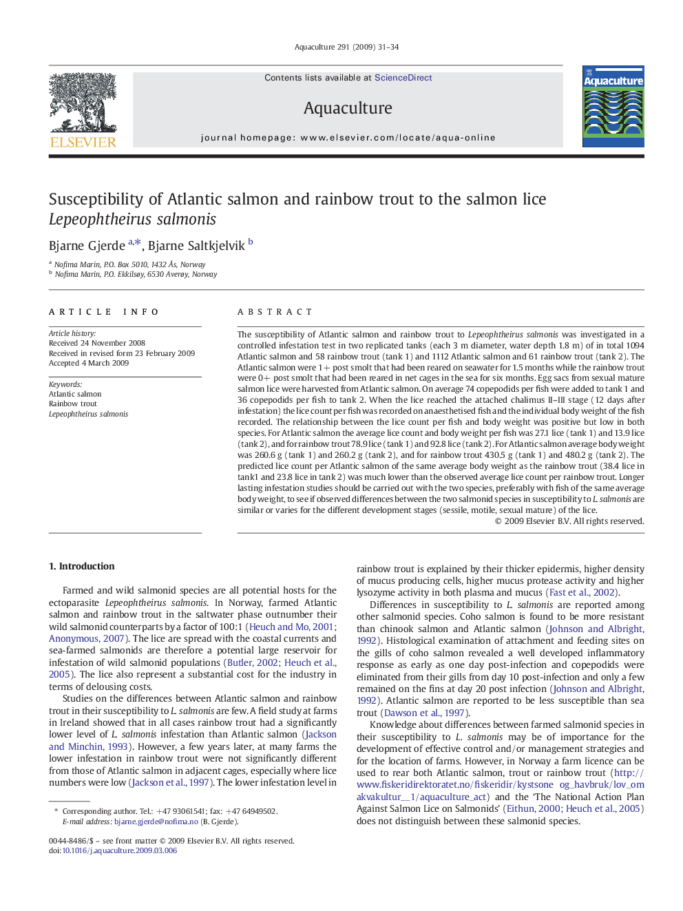 Susceptibility of Atlantic salmon and rainbow trout to the salmon lice Lepeophtheirus salmonis