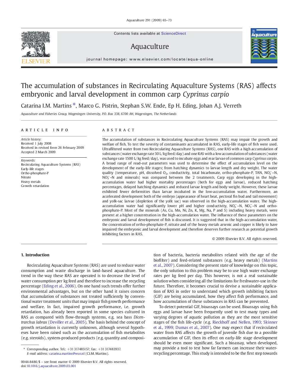 The accumulation of substances in Recirculating Aquaculture Systems (RAS) affects embryonic and larval development in common carp Cyprinus carpio