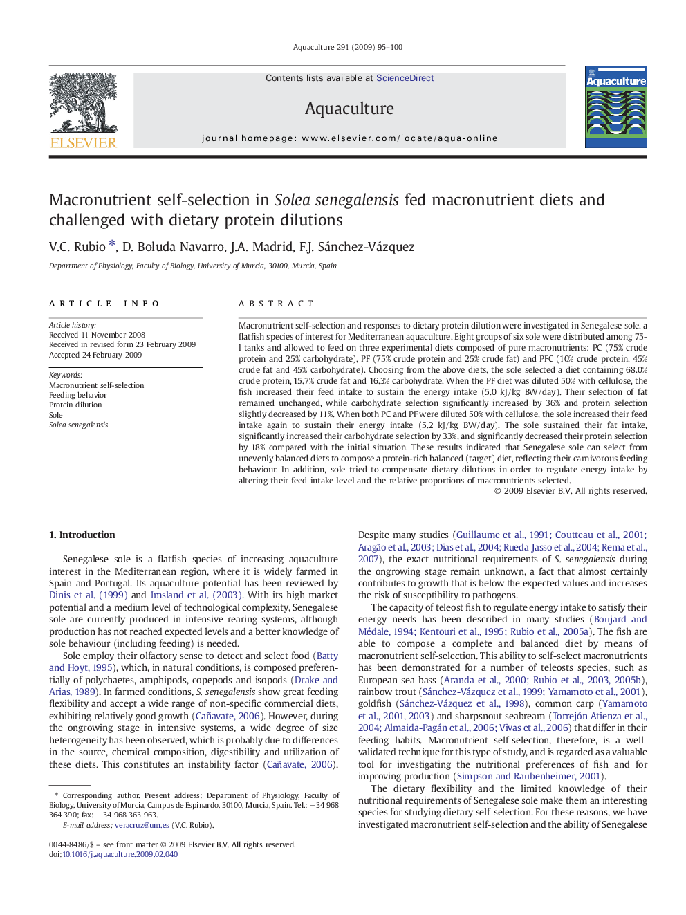 Macronutrient self-selection in Solea senegalensis fed macronutrient diets and challenged with dietary protein dilutions