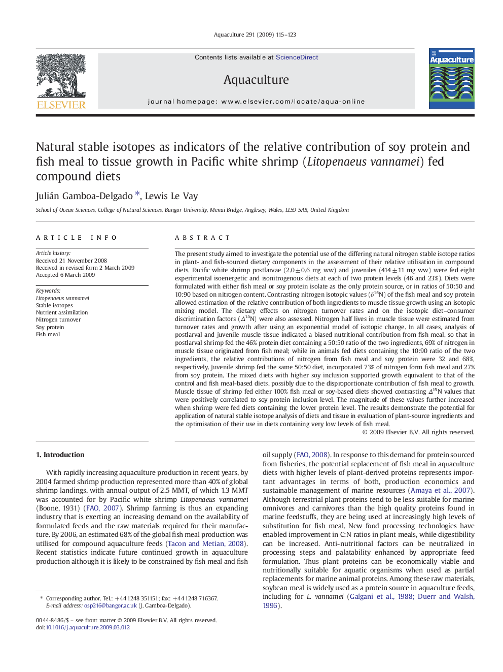 Natural stable isotopes as indicators of the relative contribution of soy protein and fish meal to tissue growth in Pacific white shrimp (Litopenaeus vannamei) fed compound diets