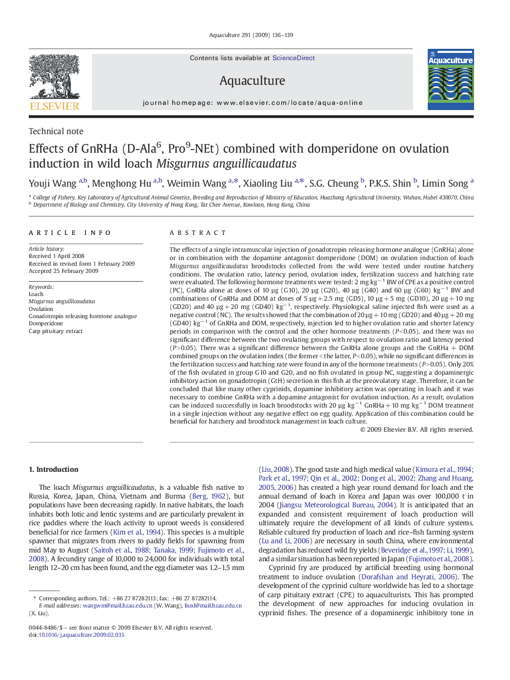 Effects of GnRHa (D-Ala6, Pro9-NEt) combined with domperidone on ovulation induction in wild loach Misgurnusanguillicaudatus