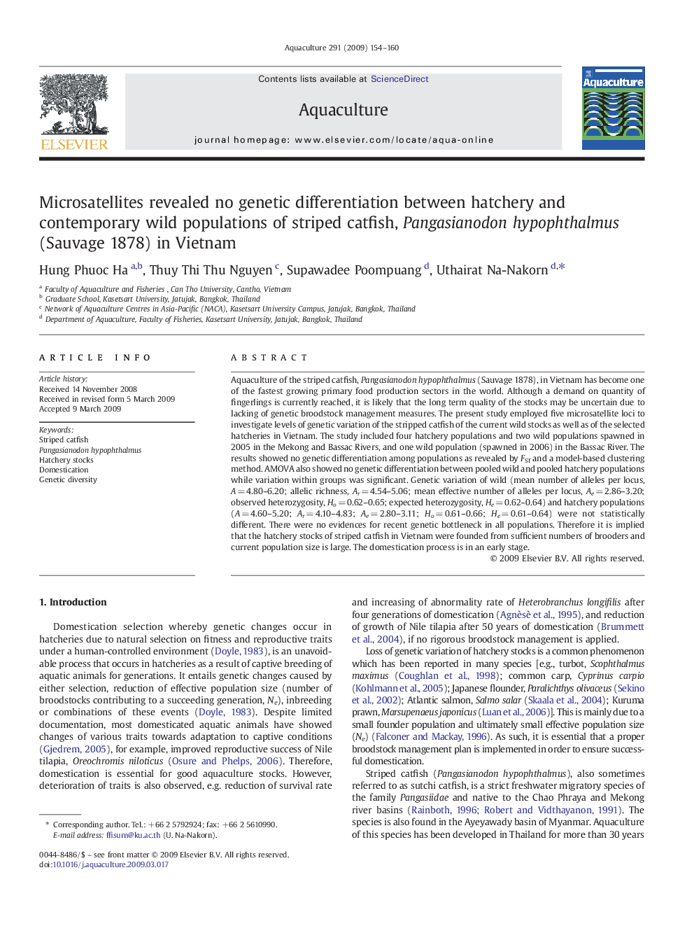 Microsatellites revealed no genetic differentiation between hatchery and contemporary wild populations of striped catfish, Pangasianodon hypophthalmus (Sauvage 1878) in Vietnam