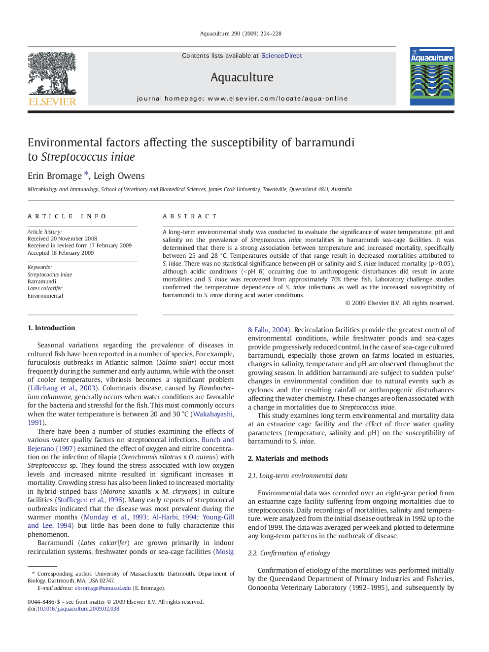 Environmental factors affecting the susceptibility of barramundi to Streptococcus iniae