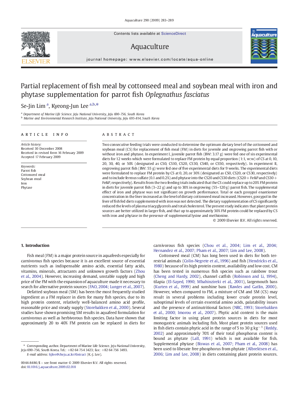 Partial replacement of fish meal by cottonseed meal and soybean meal with iron and phytase supplementation for parrot fish Oplegnathus fasciatus