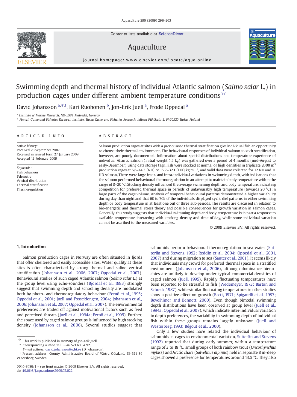 Swimming depth and thermal history of individual Atlantic salmon (Salmo salar L.) in production cages under different ambient temperature conditions 